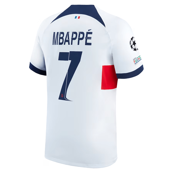 Nike Paris Saint - Germain Kylian Mbappé Away Jersey w/ Champions League Patches 23/24 (White/Midnight Navy) | SoccerWearhouse