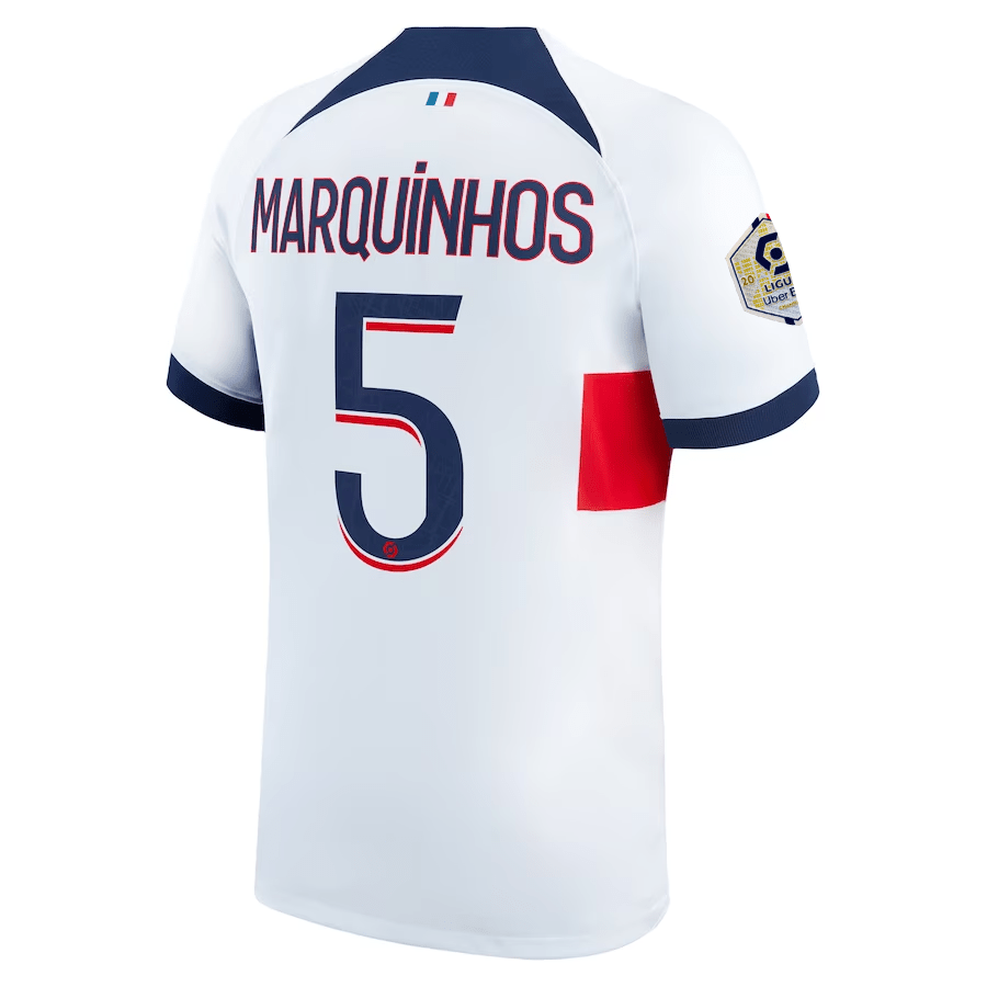 Nike Paris Saint - Germain Marquinhos Away Jersey w/ Ligue 1 Patch 23/24 (White/Midnight Navy) | SoccerWearhouse