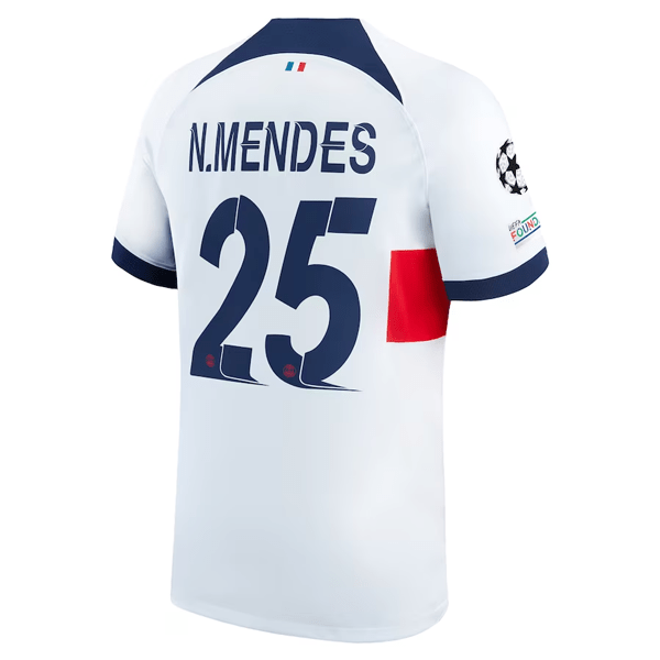 Nike Paris Saint - Germain Nuno Mendes Away Jersey w/ Champions League Patches 23/24 (White/Midnight Navy) | SoccerWearhouse