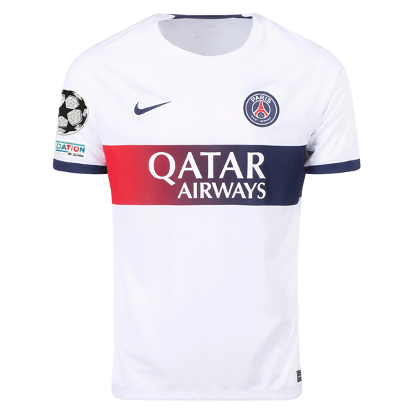 Nike Paris Saint - Germain Nuno Mendes Away Jersey w/ Champions League Patches 23/24 (White/Midnight Navy) | SoccerWearhouse