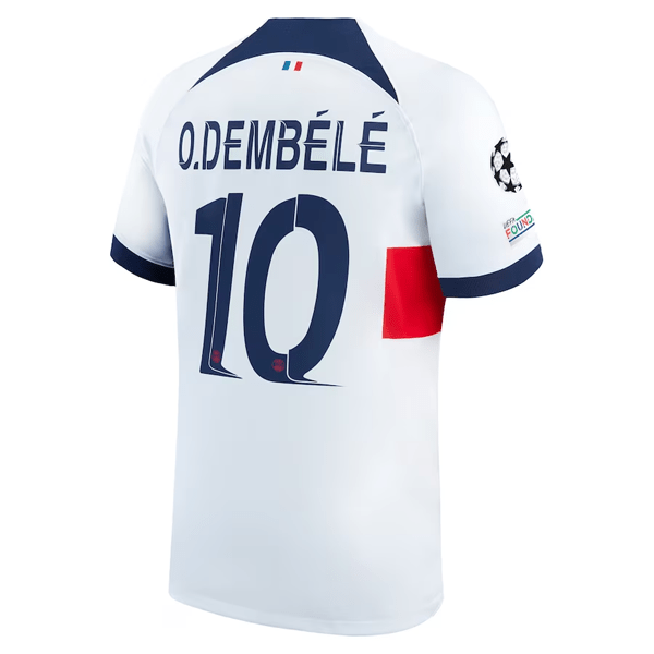 Nike Paris Saint - Germain Ousmane Dembélé Away Jersey w/ Champions League Patches 23/24 (White/Midnight Navy) | SoccerWearhouse