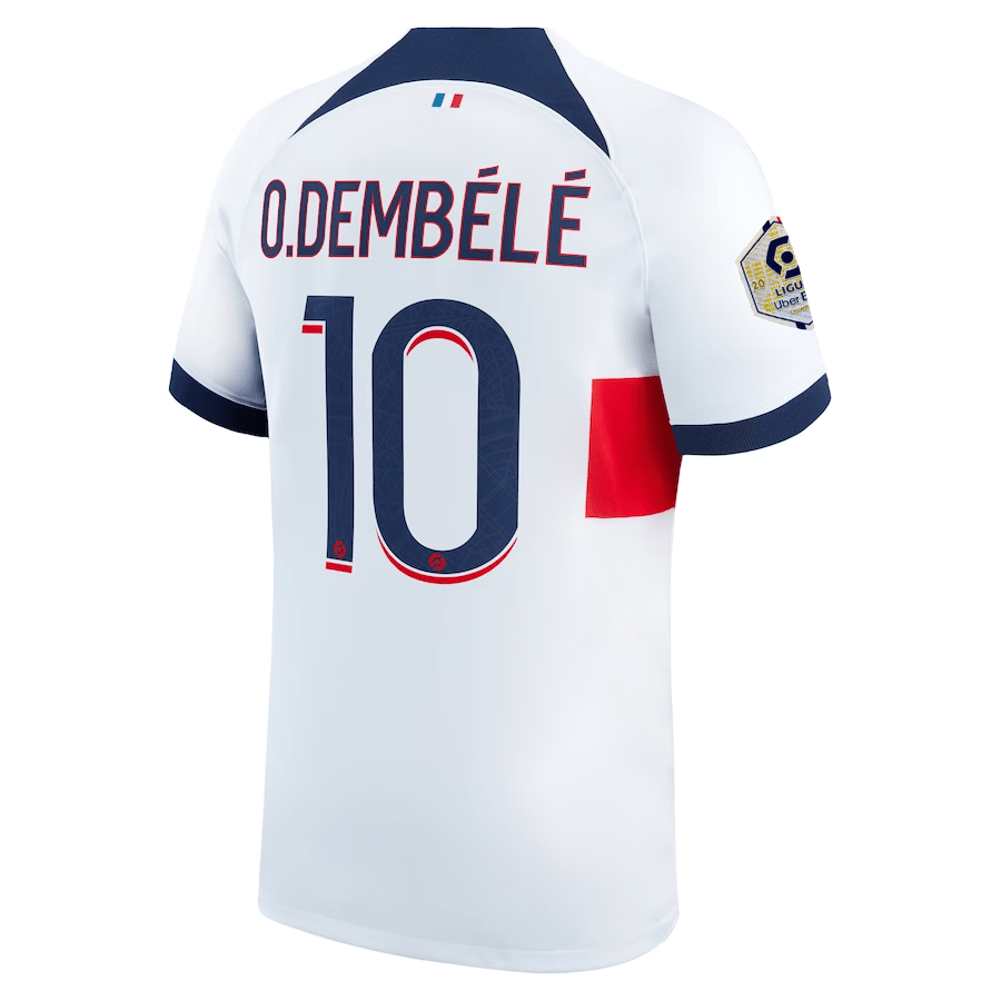 Nike Paris Saint - Germain Ousmane Dembele Away Jersey w/ Ligue 1 Patch 23/24 (White/Midnight Navy) | SoccerWearhouse