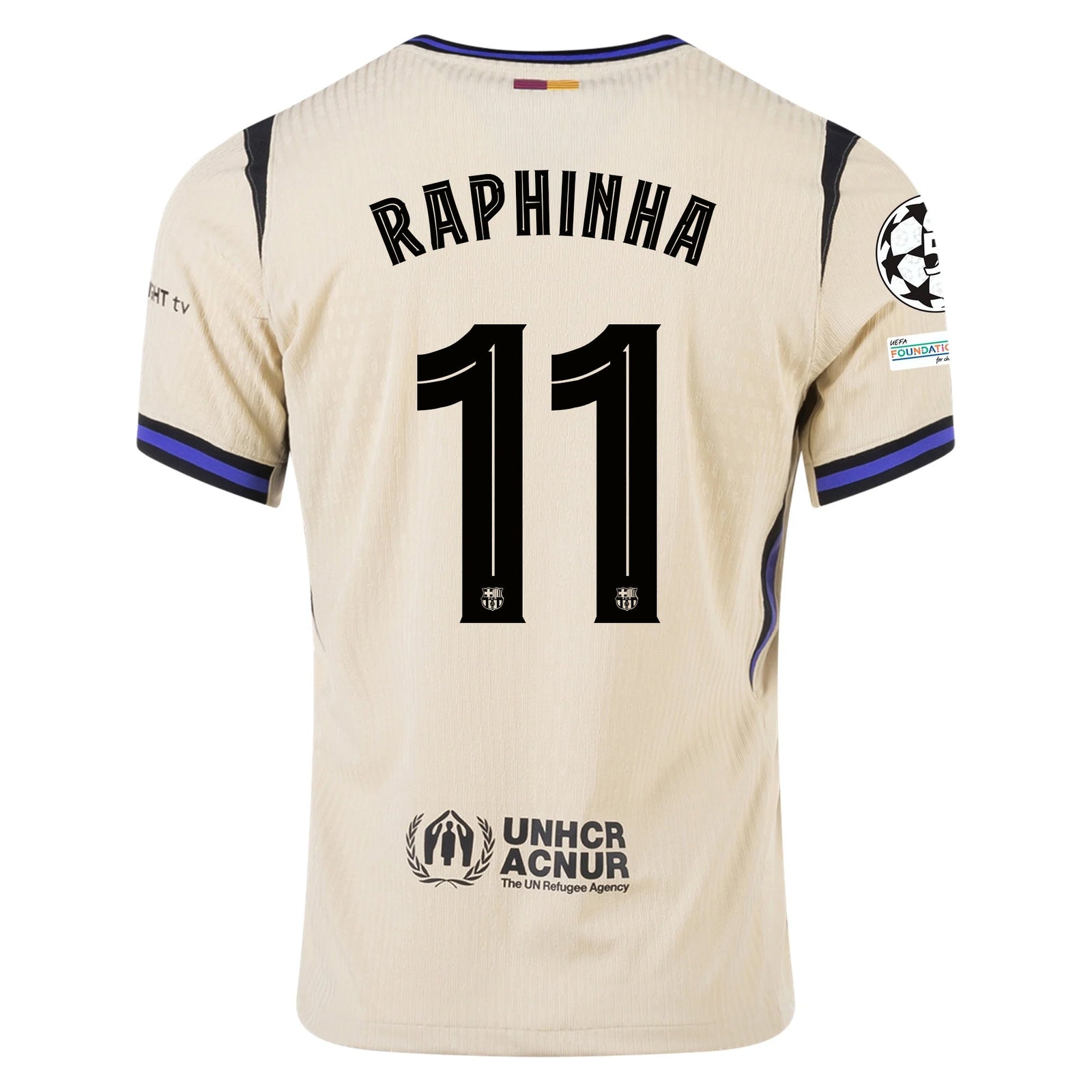 Nike Raphinha Men's FC Barcelona Authentic Away Jersey w/ Champions League Patches (Team Gold/Persian Violet/Black) | SoccerWearhouse