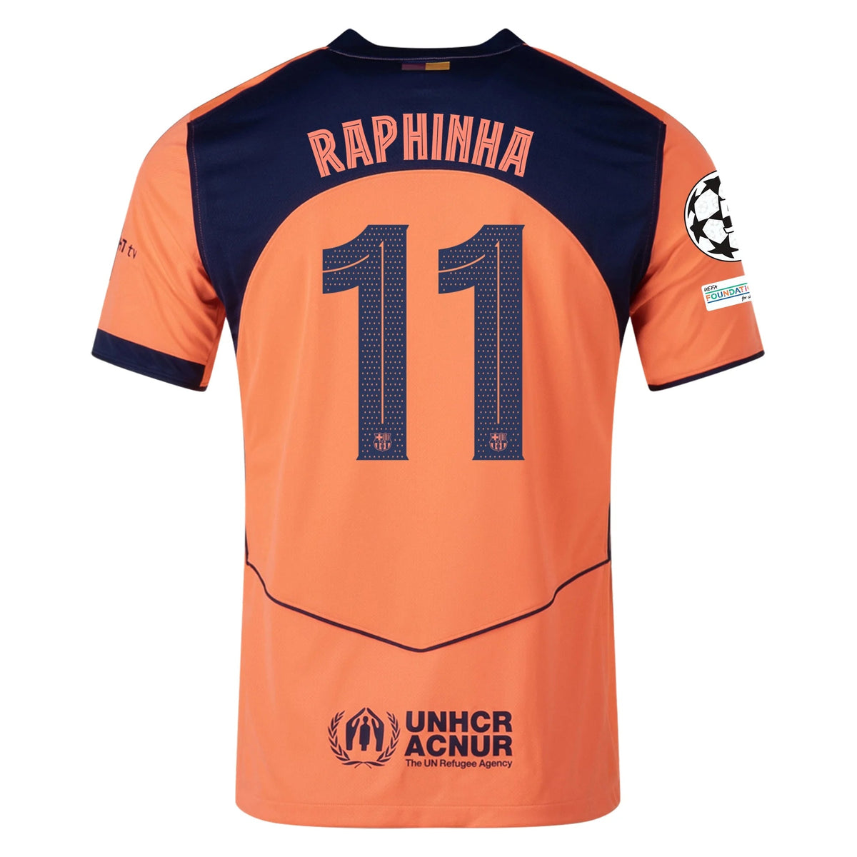 Nike Raphinha Men's FC Barcelona T90 Third Jersey 25/26 w/ Champions League Patches (Mango/Navy) | SoccerWearhouse