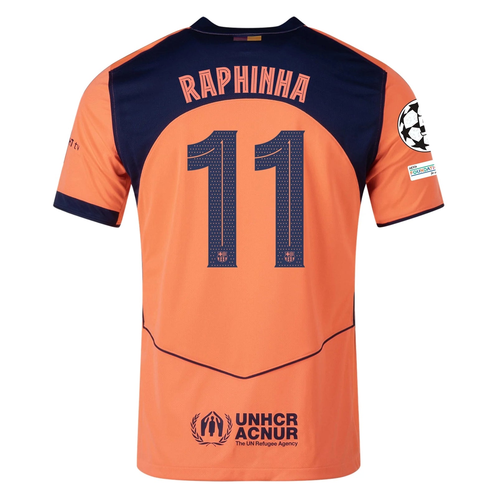 Nike Raphinha Men's FC Barcelona T90 Third Jersey 25/26 w/ Champions League Patches (Mango/Navy) | SoccerWearhouse