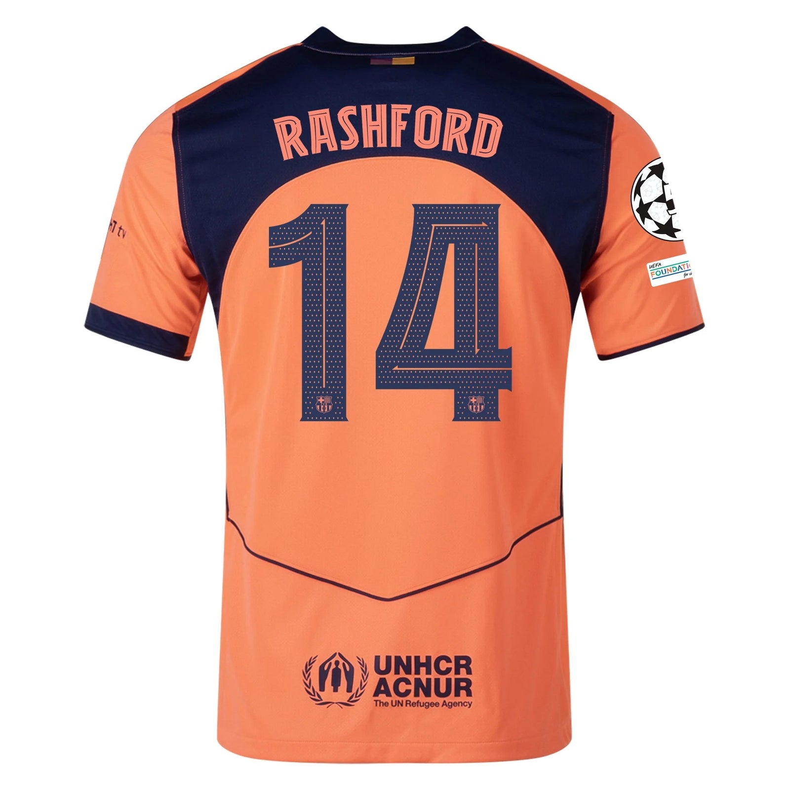 Nike Rashford Men's FC Barcelona T90 Third Jersey 25/26 w/ Champions League Patches (Mango/Navy) | SoccerWearhouse
