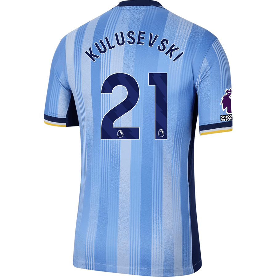 Nike Tottenham Dejan Kulusevski Away Jersey w/ EPL + No Room For Racism Patches 24/25 (Cobalt Bliss/Binary Blue) | SoccerWearhouse