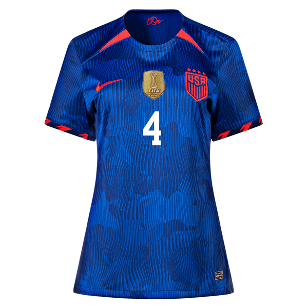 Nike Womens United States Becky Sauerbrunn 4 Star Away Jersey 23/24 w/ 2019 World Cup Champion Patch (Hyper Royal/Loyal Blue) | SoccerWearhouse