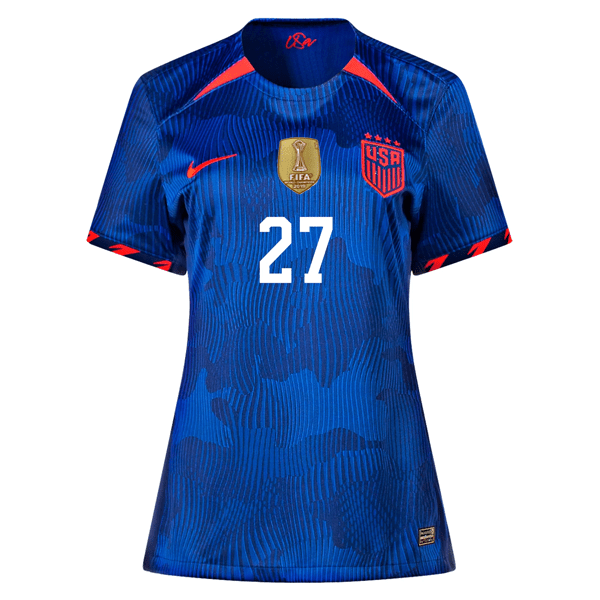 Nike Womens United States Naomi Girma 4 Star Away Jersey 23/24 w/ 2019 World Cup Champion Patch (Hyper Royal/Loyal Blue) | SoccerWearhouse