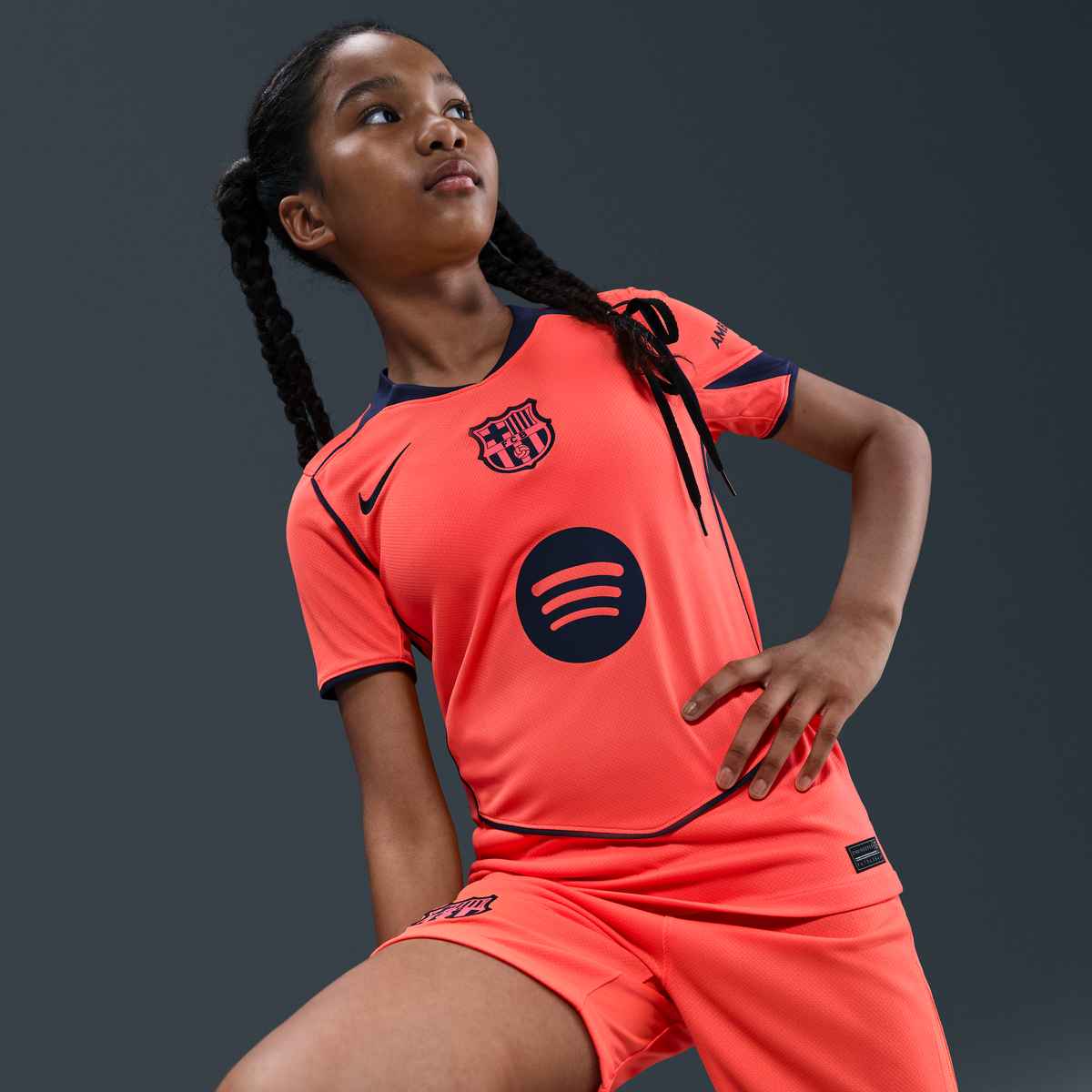 Nike Youth FC Barcelona T90 Third Jersey 25/26 (Bright Mango/Midnight Navy) | SoccerWearhouse