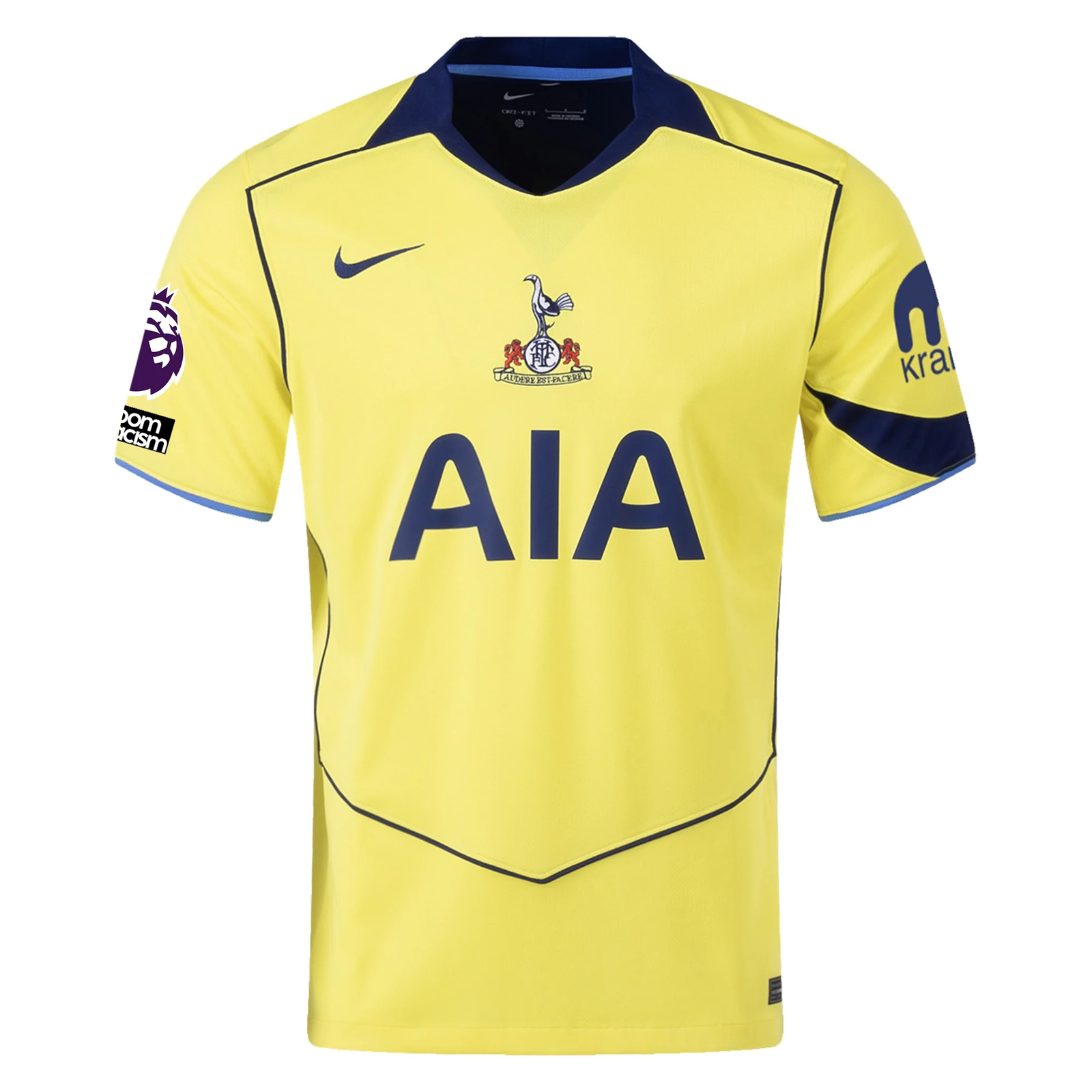 Nike Men's Tottenham T90 Third Jersey w/ EPL + No Room For Racism 25/26 (Dynamic Yellow/Blue Void)