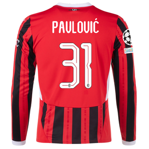 Puma AC Milan Strahinja Pavlović Home Long Sleeve Jersey w/ Champions League Patches 24/25 (Red/Black)