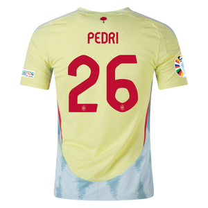 adidas Mens Spain Pedri Away Jersey w/ Nations League Champion + Euro 2024 Patches 24/25 (Pulse Yellow/Halo Mint)