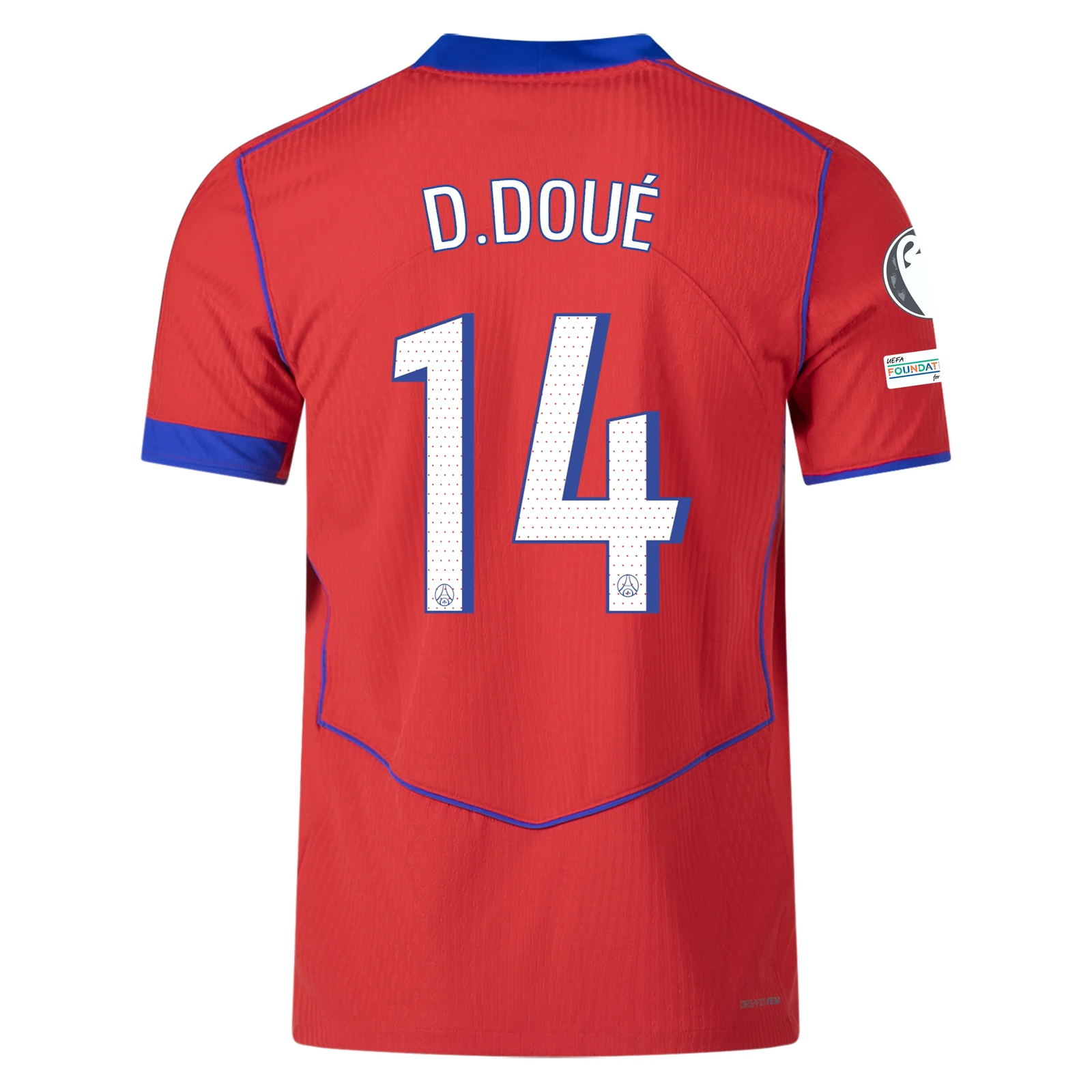 Nike Men's Paris Saint-Germain Authentic Désiré Doué Third Jersey w/ Champions League Patches 25/26 (Sport Red/Hyper Royal)