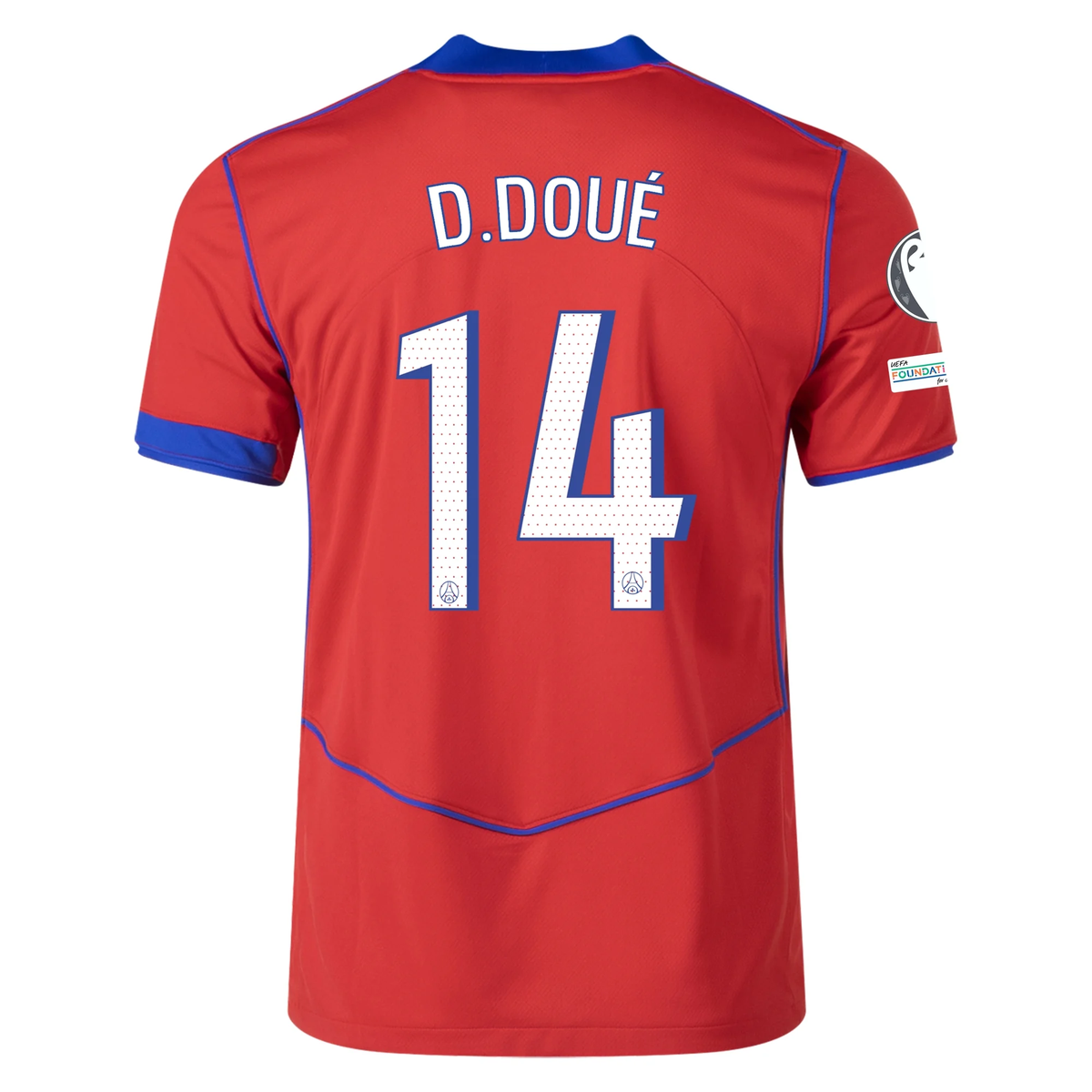 Nike Men&#39;s Paris Saint-Germain Désiré Doué T90 Third Jersey w/ Champions League Patches 25/26 (Sport Red/Hyper Royal)