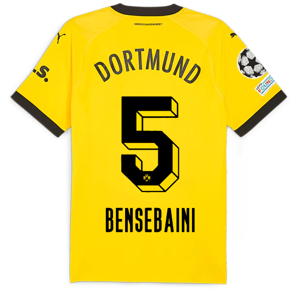 Puma Borussia Dortmund Authentic Bensebaini Home Jersey w/ Champions League Patches 23/24 (Cyber Yellow/Puma Black) | SoccerWearhouse