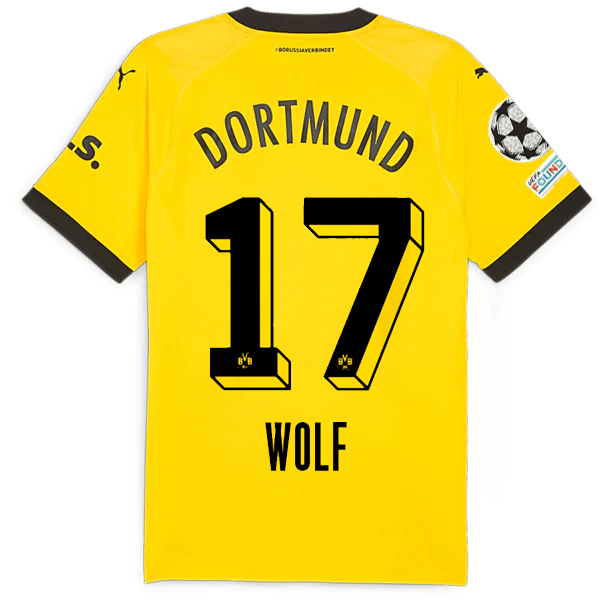Puma Borussia Dortmund Authentic Wolf Home Jersey w/ Champions League Patches 23/24 (Cyber Yellow/Puma Black) | SoccerWearhouse