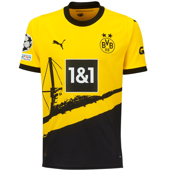 Puma Borussia Dortmund Göktan Gürpüz Home Jersey w/ Champions League Patches 23/24 (Cyber Yellow/Puma Black) | SoccerWearhouse