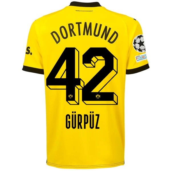 Puma Borussia Dortmund Göktan Gürpüz Home Jersey w/ Champions League Patches 23/24 (Cyber Yellow/Puma Black) | SoccerWearhouse