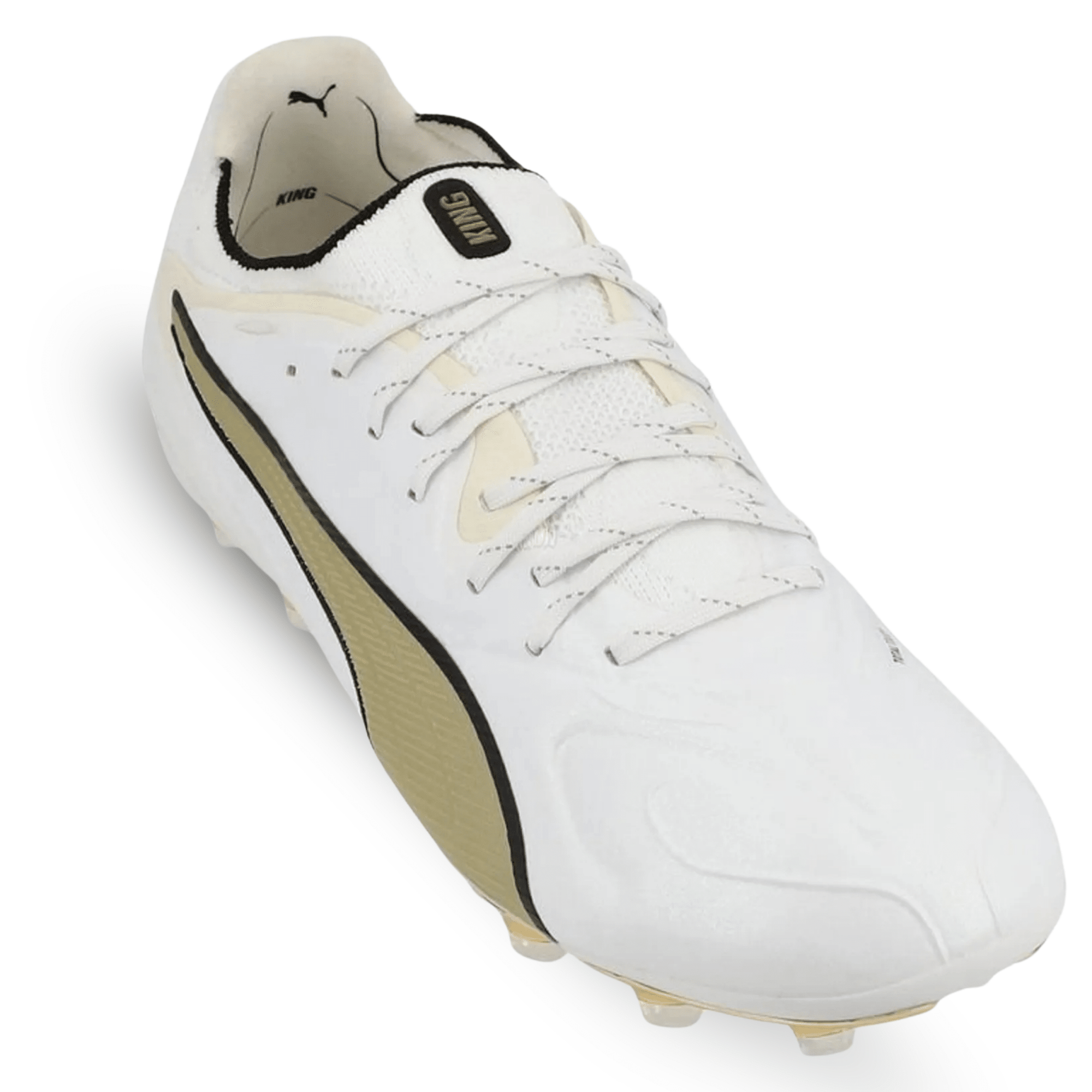 PUMA King 20 Ultimate FG/AG Soccer Cleats (White/Metallic Gold/Black)