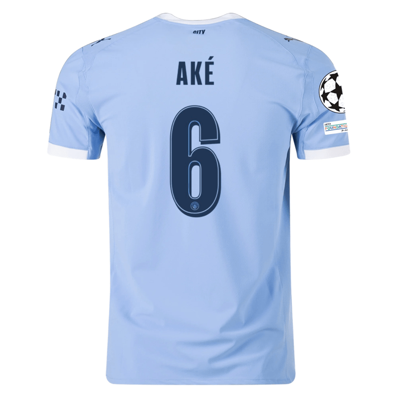Puma Manchester City Authentic Ake Home Jersey w/ Champions League Patches 25/26 (Team Light Blue/White) | SoccerWearhouse