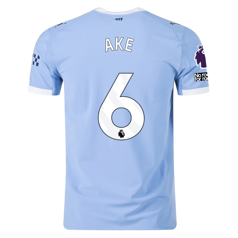 Puma Manchester City Authentic Ake Home Jersey w/ EPL + No Room For Racism Patches 25/26 (Team Light Blue/White) | SoccerWearhouse