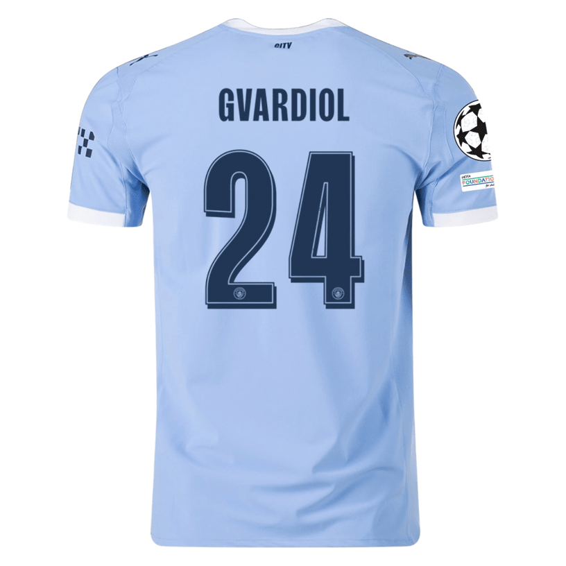 Puma Manchester City Authentic Gvardiol Home Jersey w/ Champions League Patches 25/26 (Team Light Blue/White) | SoccerWearhouse