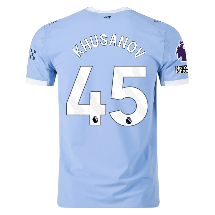 Puma Manchester City Authentic Khusanov Home Jersey w/ EPL + No Room For Racism Patches 25/26 (Team Light Blue/White) | SoccerWearhouse