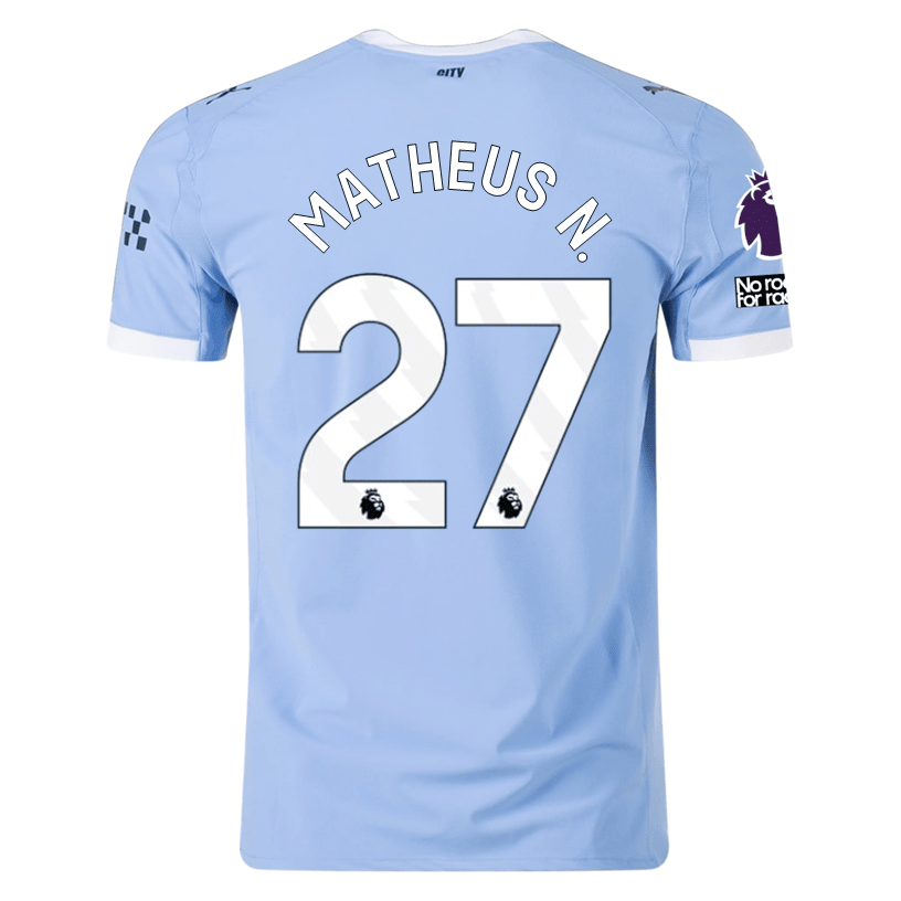 Puma Manchester City Authentic Matheus N. Home Jersey w/ EPL + No Room For Racism Patches 25/26 (Team Light Blue/White) | SoccerWearhouse