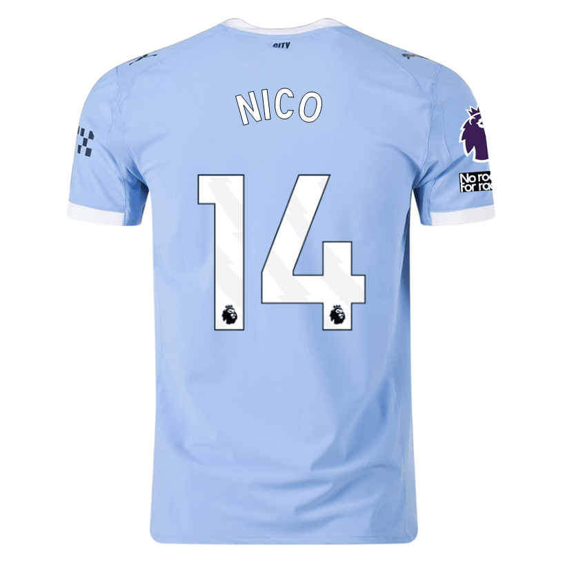 Puma Manchester City Authentic Nico Home Jersey w/ EPL + No Room For Racism Patches 25/26 (Team Light Blue/White) | SoccerWearhouse