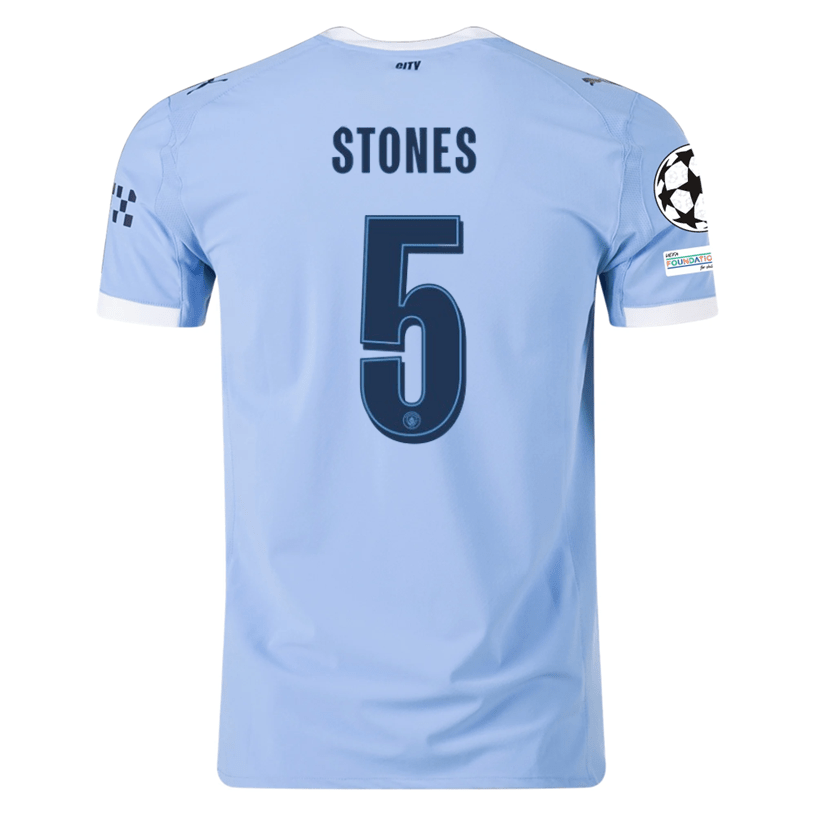Puma Manchester City Authentic Stones Home Jersey w/ Champions League Patches 25/26 (Team Light Blue/White) | SoccerWearhouse