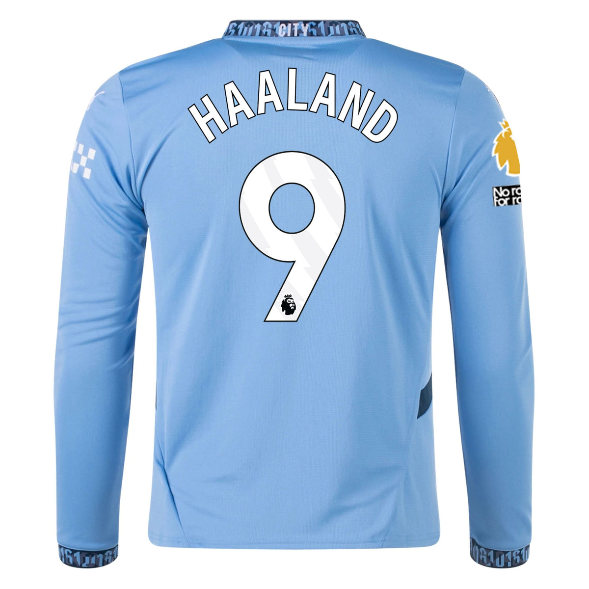 Puma Manchester City Erling Haaland Home Long Sleeve Jersey w/ EPL + No Room For Racism Patch 24/25 (Team Light/Marine Blue) | SoccerWearhouse