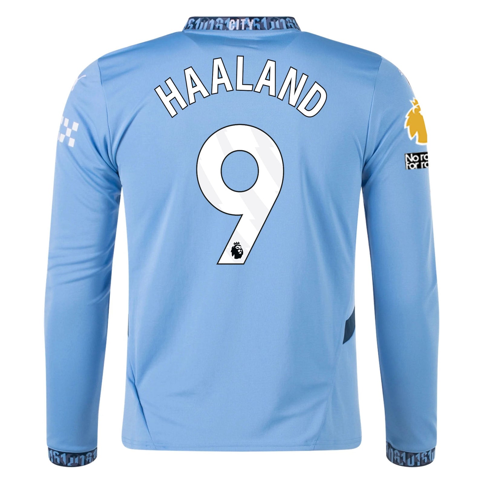 Puma Manchester City Erling Haaland Home Long Sleeve Jersey w/ EPL + No Room For Racism Patch 24/25 (Team Light/Marine Blue) | SoccerWearhouse