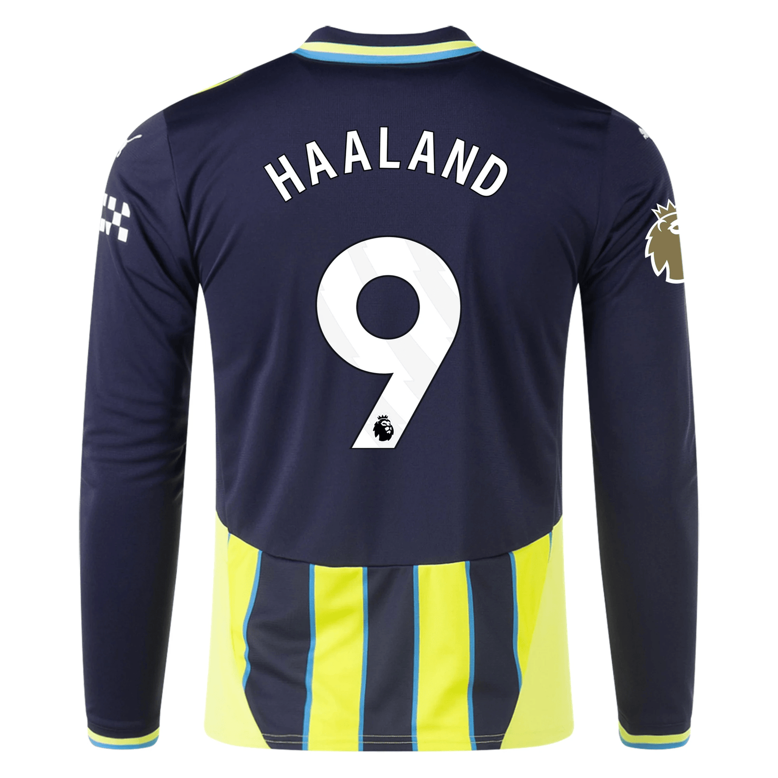 Puma Manchester City Erling Haaland Long Sleeve Away Jersey w/ EPL + Club World Cup Patch 24/25 (New Navy/Yellow Glow) | SoccerWearhouse