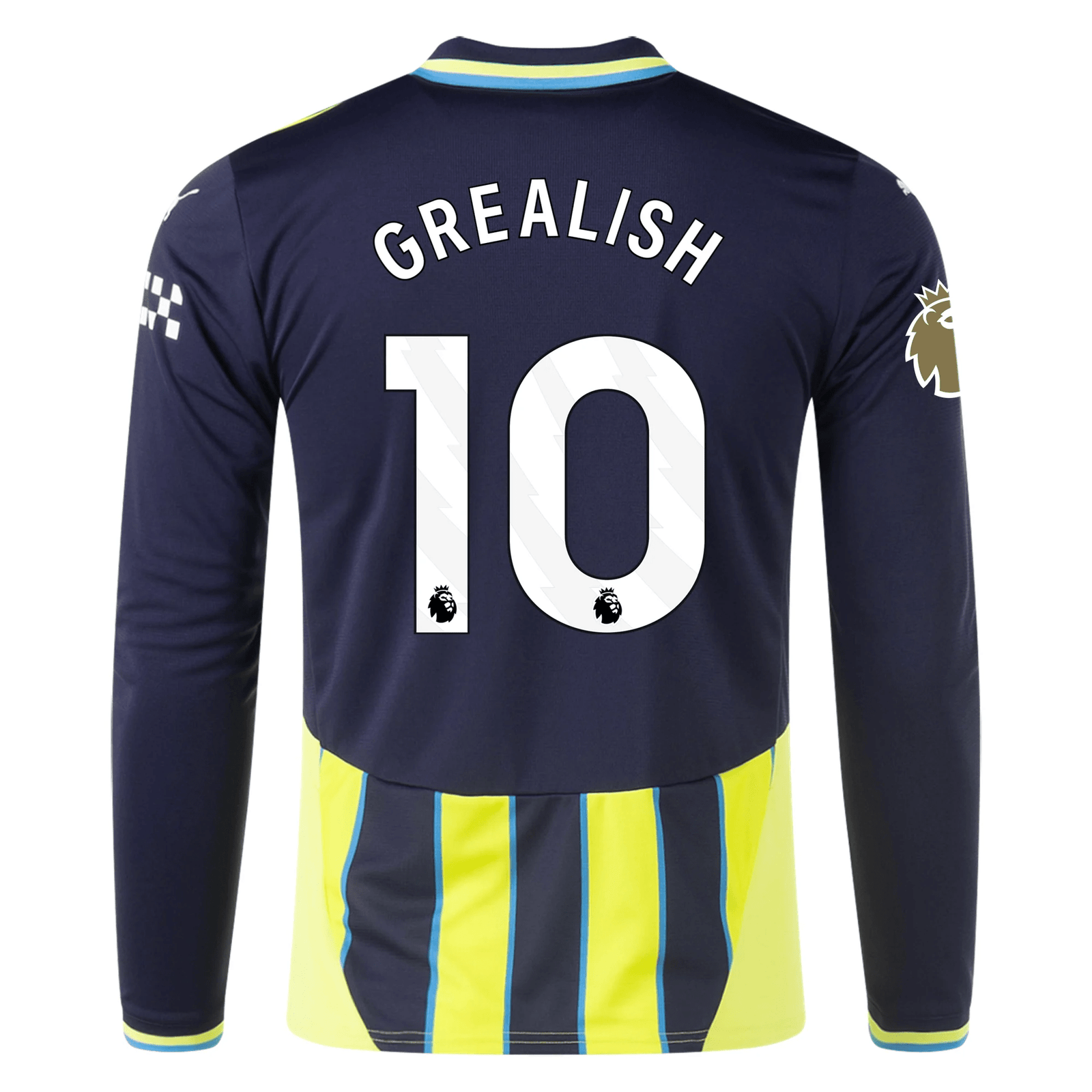 Puma Manchester City Jack Grealish Long Sleeve Away Jersey w/ EPL + Club World Cup Patch 24/25 (New Navy/Yellow Glow) | SoccerWearhouse