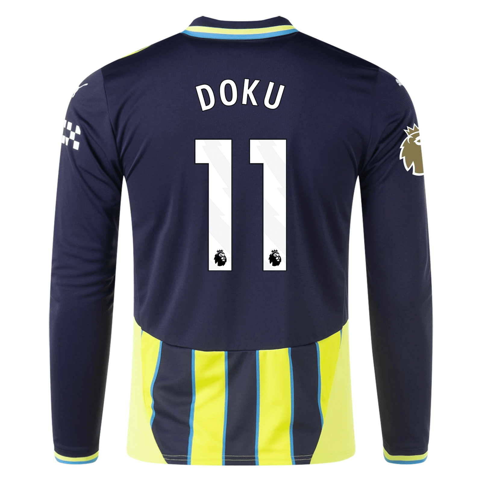 Puma Manchester City Jeremy Doku Long Sleeve Away Jersey w/ EPL + Club World Cup Patch 24/25 (New Navy/Yellow Glow) | SoccerWearhouse