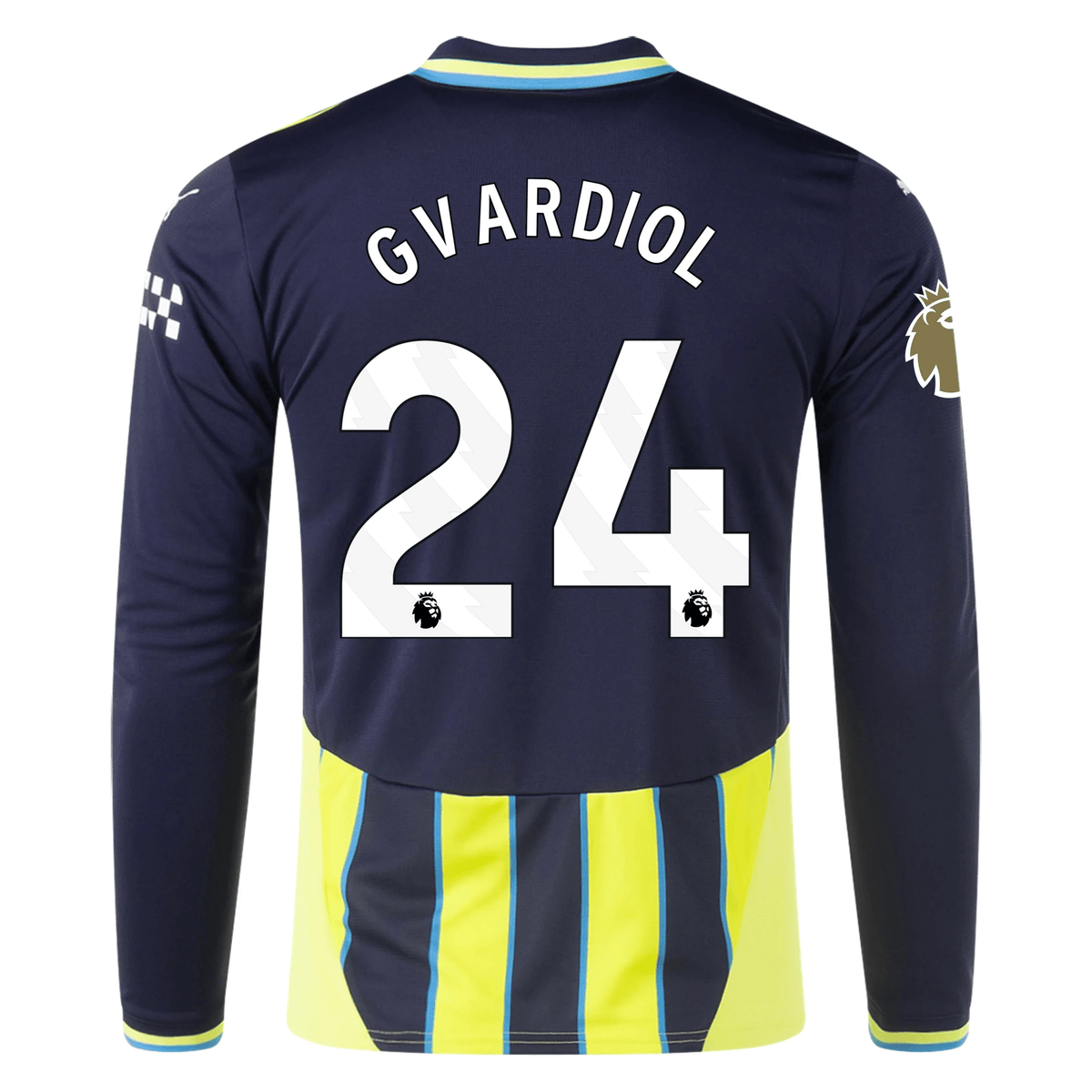 Puma Manchester City Josko Gvardiol Long Sleeve Away Jersey w/ EPL + Club World Cup Patch 24/25 (New Navy/Yellow Glow) | SoccerWearhouse