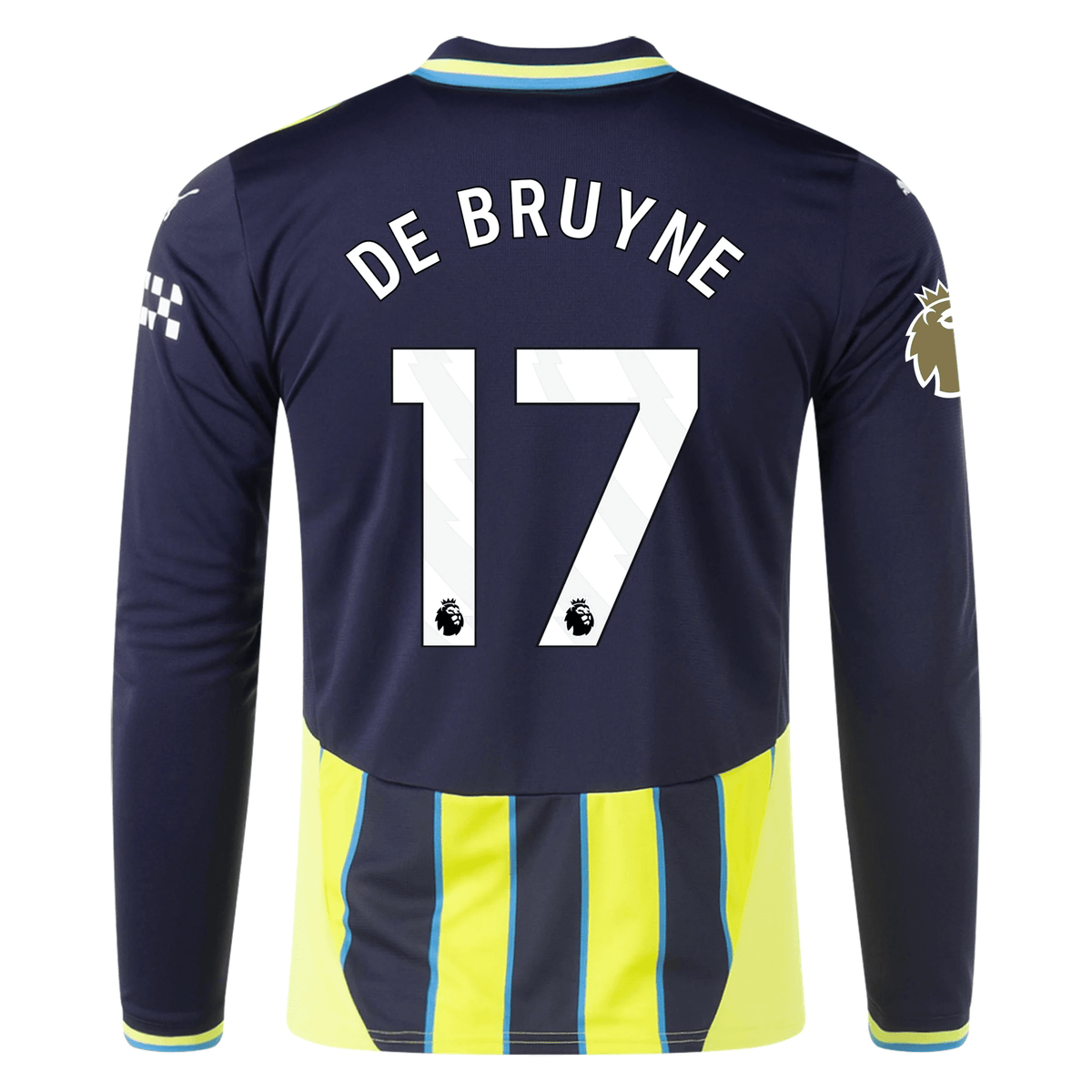 Puma Manchester City Kevin De Bruyne Long Sleeve Away Jersey w/ EPL + Club World Cup Patch 24/25 (New Navy/Yellow Glow) | SoccerWearhouse