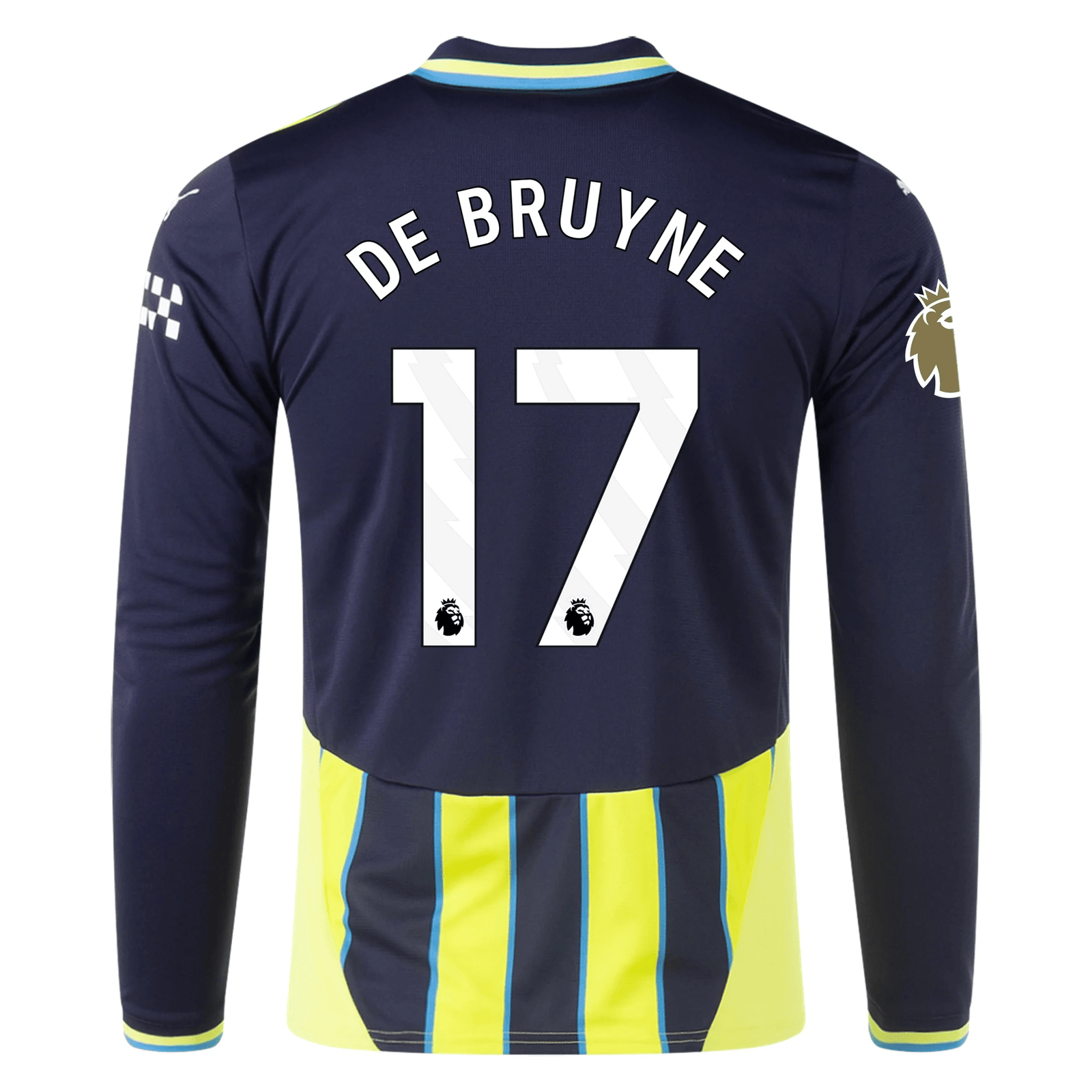 Puma Manchester City Kevin De Bruyne Long Sleeve Away Jersey w/ EPL + Club World Cup Patch 24/25 (New Navy/Yellow Glow) | SoccerWearhouse