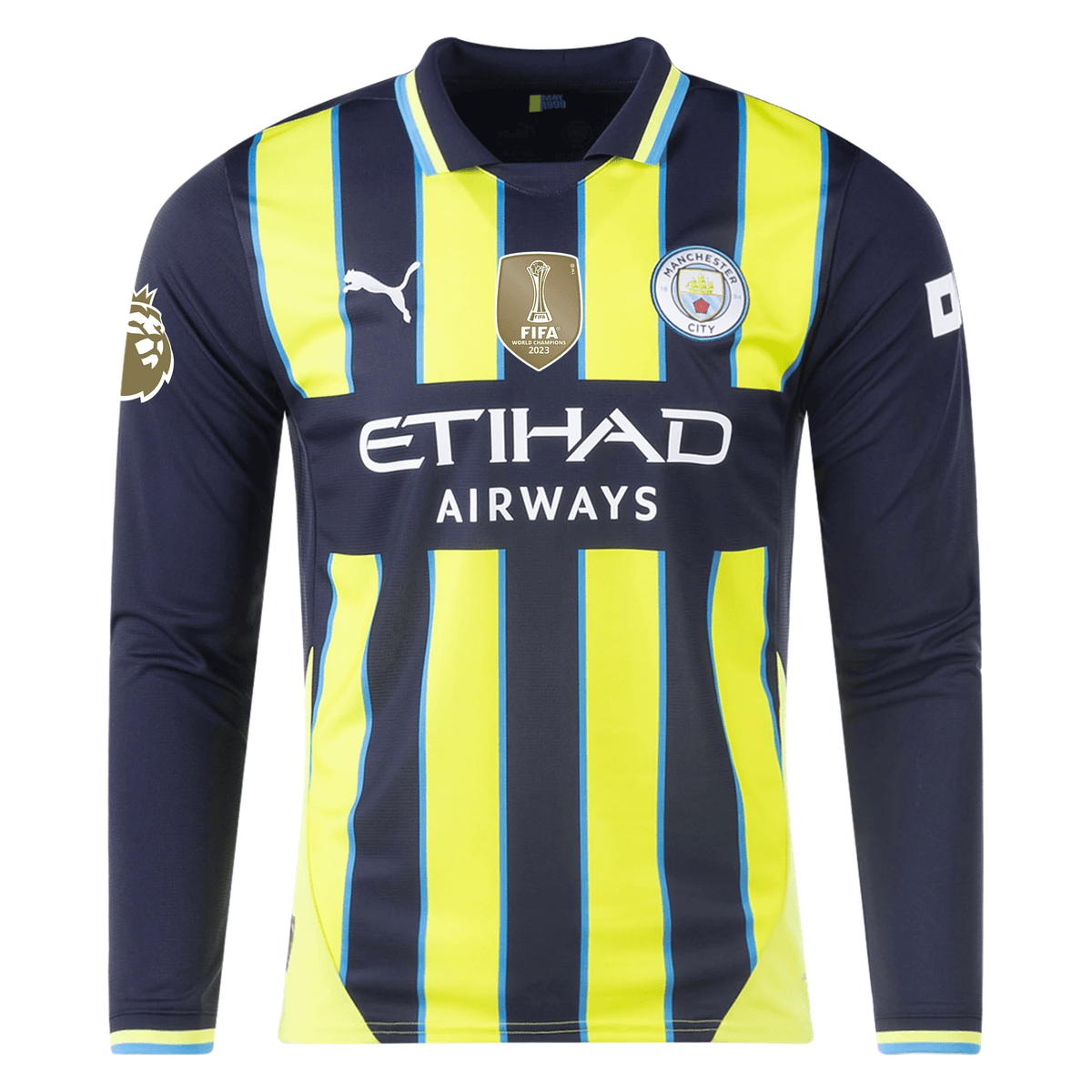 Puma Manchester City Kyle Walker Long Sleeve Away Jersey w/ EPL + Club World Cup Patch 24/25 (New Navy/Yellow Glow) | SoccerWearhouse