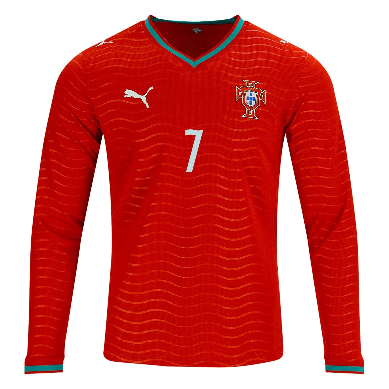 PUMA Men's Portugal Cristiano Ronaldo Long Sleeve Home World Cup 2026 Jersey (Club Red/Green Lagoon) | SoccerWearhouse