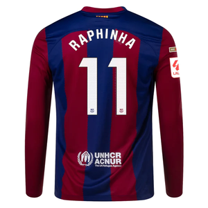 Nike Barcelona Raphinha Home Long Sleeve Jersey 23/24 w/ La Liga Champions Patches (Deep Royal/Noble Red)