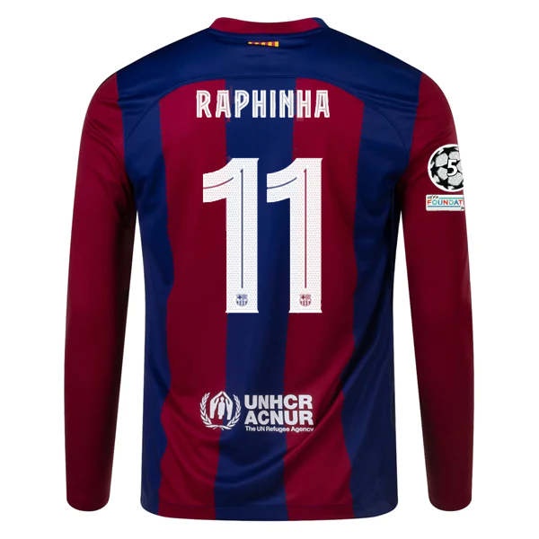 Nike Barcelona Home Raphinha Long Sleeve Jersey w Champions