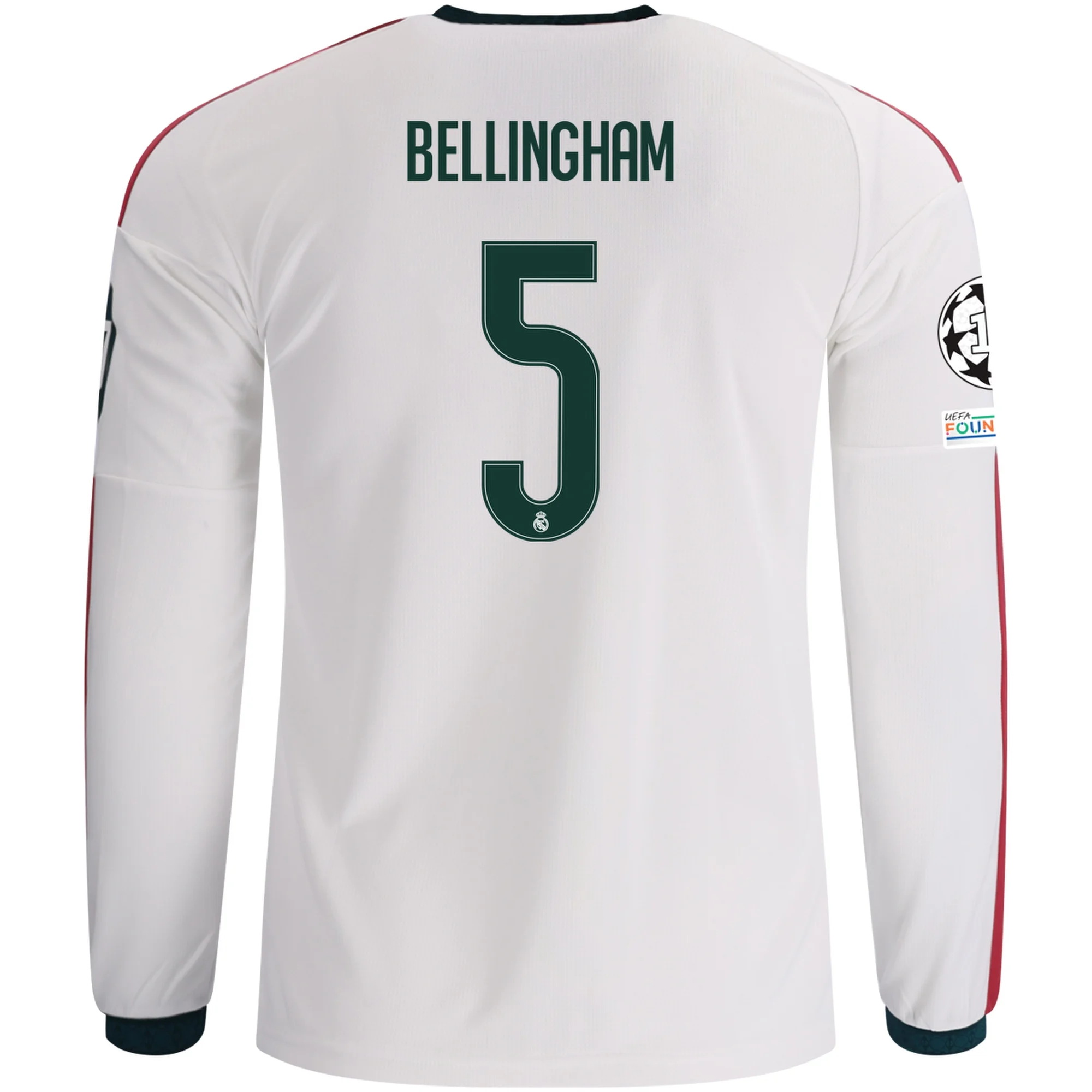 adidas Mens Real Madrid Jude Bellingham Long Sleeve Home Jersey w/ Champions League Patches 26/27 (White)