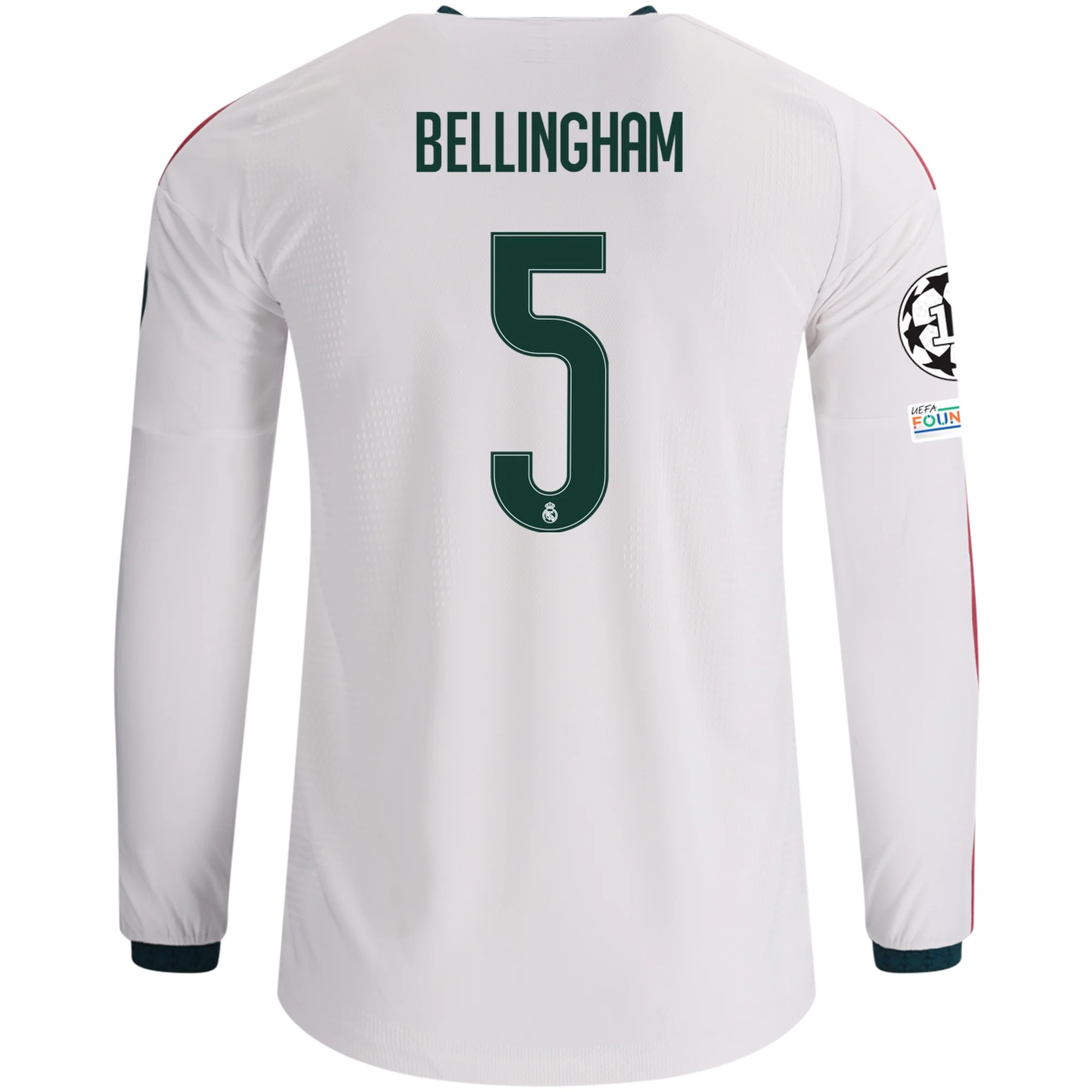 adidas Mens Real Madrid Jude Bellingham Long Sleeve Authentic Home Jersey w/ Champions League Patches 26/27 (White)