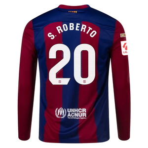 Nike Barcelona Sergi Roberto Home Long Sleeve Jersey 23/24 w/ La Liga Champions Patches (Deep Royal/Noble Red)