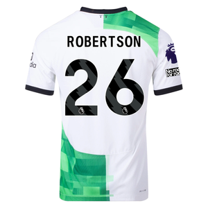 Nike Liverpool Authentic Andy Robertson Match Away Jersey w/ EPL + No Room For Racism Patches 23/24 (White/Green Spark)