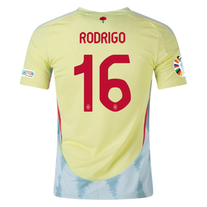 adidas Mens Spain Rodrigo Away Jersey w/ Nations League Champion + Euro 2024 Patches 24/25 (Pulse Yellow/Halo Mint)