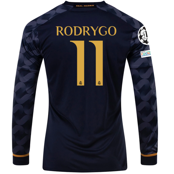 Adidas Real Madrid Rodrygo Long Sleeve Away Jersey w/ Champions League + Club World Patch 23/24 (Legend Ink/Preloved Blue) Size L