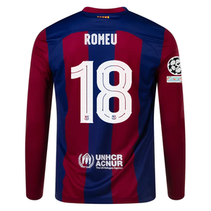 Nike Barcelona Home Oriol Romeu Long Sleeve Jersey w/ Champions League Patches 23/24  (Deep Royal/Noble Red)